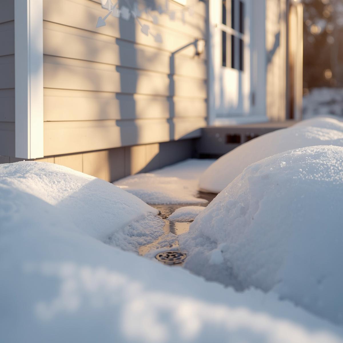 Winter thaw causing runoff near a home, illustrating drain clog prevention tips.